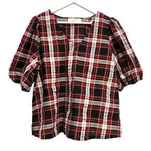 LOFT Plaid Top Women Large‎ Red Black Puff Sleeve Split V-Neck Preppy Tartan